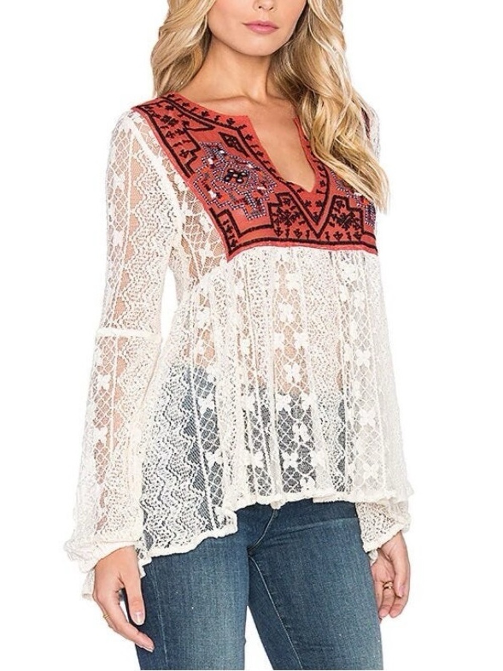 Free People Casablanca Embroiderer Lace Blouse Sz S Festival Season 100% Cotton
